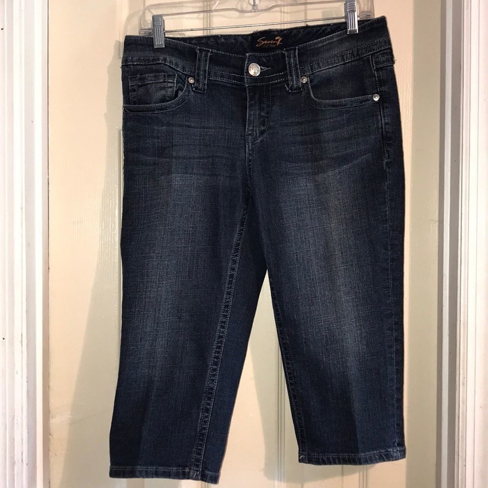 Seven7 Women's Blue Whisker Embroidered Cotton Blend Capri Jeans Size 4